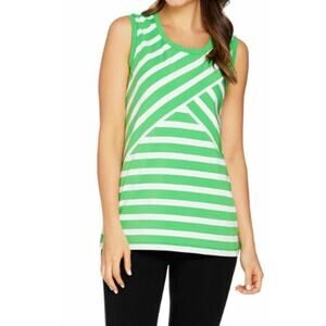 Susan Graver Weekend‎ Green and White Asymmetrical Striped Tank Top  S